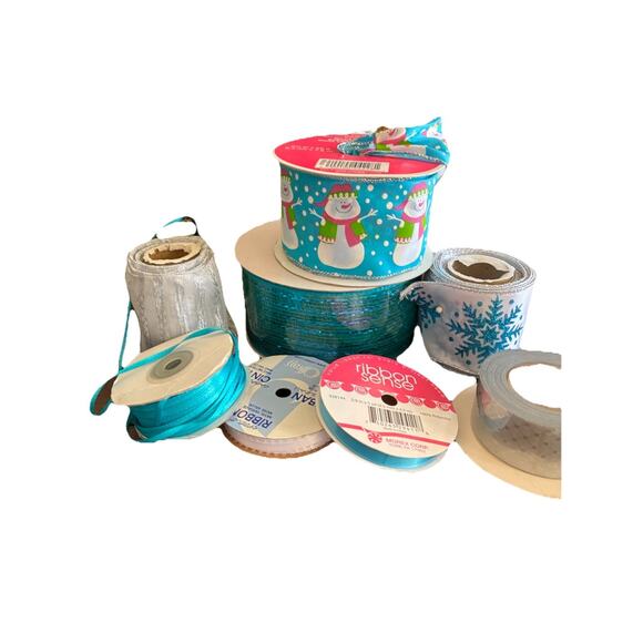 Lot of 8 Blue & Silver Decorative Holiday Ribbons Snowman Glitter Foil Wired VTG - Picture 10 of 12